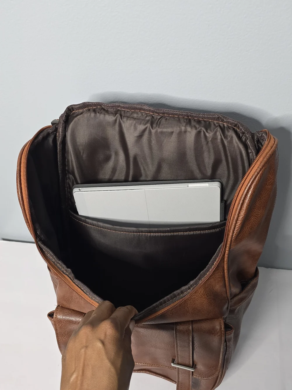 Brown Faux Leather Multi-Pocket Travel Backpack